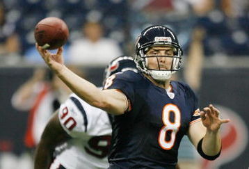 HOUSTON - AUGUST 11:  Quarterback Rex Grossman #8 of the Chicago Bears throws a pass against the Houston Texans during first half of their preseason game at Reliant Stadium on August 11, 2007 in Houston, Texas.  (Photo by Bob Levey/Getty Images)