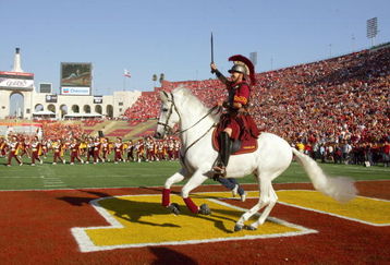 LOS ANGELES - SEPTEMBER 16:  Traveler, mascot of the USC Trojans runs on the field before the game against the Nebraska Cornhuskers on September 16, 2006 at the Los Angeles Memorial Coliseum in Los Angeles, California. (Photo by Stephen Dunn/Getty Images)