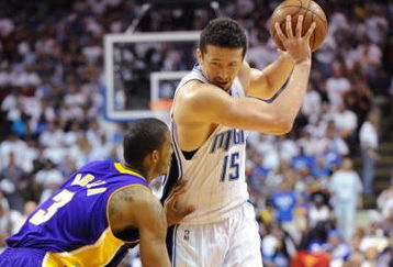 ORLANDO, FL - JUNE 9:  Hedo Turkoglu #15 of the Orlando Magic looks to make a move against Trevor Ariza #3 of the Los Angeles Lakers in Game Three of the 2009 NBA Finals at Amway Arena on June 9, 2009 in Orlando, Florida.  The Magic won 108-104.  NOTE TO USER: User expressly acknowledges and agrees that, by downloading and or using this photograph, User is consenting to the terms and conditions of the Getty Images License Agreement. (Photo byRonald Martinez/Getty Images)