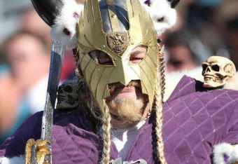 JACKSONVILLE, FL - NOVEMBER 23:  A costumed male Minnesota Viking fan shows support during the game against the Jacksonville Jaguars at Jacksonville Municipal Stadium on November 23, 2008 in Jacksonville, Florida.  (Photo by Sam Greenwood/Getty Images)