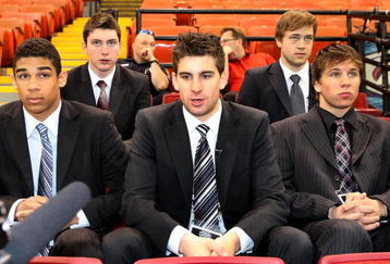 PITTSBURGH - JUNE 02:  (L-R) NHL top prospects Evander Kane, Matt Duchene, John Tavares, Victor Hedman and Brayden Schenn watch the Pittsburgh Penguins and Detroit Red Wings Team Practices before Game 3 of the 2009 NHL Stanley Cup Finals at Mellon Arena on June 2, 2009 in Pittsburgh, Pennsylvania.  (Photo by Harry How/Getty Images)