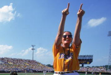 12 Jun 2000: A fan of the LSU Tiger celebrates in the stands during the  the College World Series at the Resenblatt Stadium in Omaha, Nebraska. Mandatory Credit: Andy Lyons  /Allsport