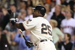 SAN FRANCISCO - SEPTEMBER 26:  Barry Bonds #25 of the San Francisco Giants flies out during his final home at bat as a Giant against the San Diego Padres during a Major League Baseball game on September 26, 2007 at AT&T Park in San Francisco, California.  (Photo by Jed Jacobsohn/Getty Images)