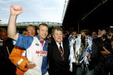 14 May 1998:  Alan Shearer and Jack Walker the owner of Blackburn Rovers celebrate with the trophy after winning the Premiership title during the FA Carling Premiership match against Liverpool played at Anfield in Liverpool, England.  The match finishedin a 2-1 victory for Liverpool, however, Blackburn Rovers clinched the title from the hands of Manchester United despite losing. \ Mandatory Credit: Shaun Botterill /Allsport