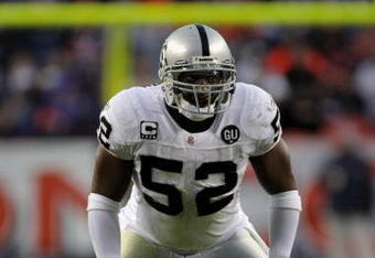 DENVER - NOVEMBER 23:  Linebacker Kirk Morrison #52 of the Oakland Raiders defends against the Denver Broncos during week 12 NFL action at Invesco Field at Mile High on November 23, 2008 in Denver, Colorado. The Raiders defeated the Broncos 31-10.  (Photo by Doug Pensinger/Getty Images)