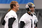 PITTSBURGH - MAY 01:  Ben Roethlisberger #7 of the Pittsburgh Steelers jokes with Charlie Batch #16 during rookie training at the Pittsburgh Steelers Practice Facility on May 1, 2009 in Pittsburgh, Pennsylvania.  (Photo by Joe Sargent/Getty Images)
