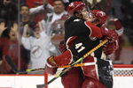 GLENDALE, AZ - APRIL 11:  Enver Lisin #18 and Viktor Tikhonov #41 of the Phoenix Coyotes celebrate after Tikhonov scored the game winning shootout goal against the Anaheim Ducks during the NHL game at Jobing.com Arena on April 11, 2009 in Glendale, Arizona. The Coyotes defeated the Ducks in 5-4 in an overtime shootout.  (Photo by Christian Petersen/Getty Images)