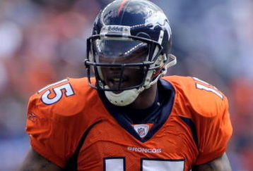 DENVER - SEPTEMBER 21:  Brandon Marshall #15 of the Denver Broncos heads to the line of scrimmage the New Orleans Saints during NFL action at Invesco Field at Mile High on September 21, 2008 in Denver, Colorado. The Broncos defeated the Saints 34-32.  (Photo by Doug Pensinger/Getty Images)