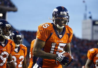 DENVER - DECEMBER 7: Wide reiver Brandon Marshall #15 of the Denver Broncos was all smiles after catching the game winning touchdown against the Kansas City Chiefs during the fourth quarter of week 14 NFL action at Invesco Field at Mile High on December 7, 2008 in Denver, Colorado. Denver beat Kansas City 24-17.(Photo by Marc Piscotty/Getty Images)