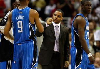 CLEVELAND - MAY 28: Jameer Nelson of the Orlando Magic gestures towards teammate Rashard Lewis #9 during Game Five of the Eastern Conference Finals against the Cleveland Cavaliers during the 2009 Playoffs at Quicken Loans Arena on May 28, 2009 in Cleveland, Ohio. NOTE TO USER: User expressly acknowledges and agrees that, by downloading and or using this photograph, User is consenting to the terms and conditions of the Getty Images License Agreement  (Photo by Gregory Shamus/Getty Images)