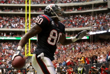 HOUSTON - DECEMBER 14:  Wide receiver Andre Johnson #80 of the Houston Texans celebrates after making a touchdown catch against the Tennessee Titans on December 14, 2008 at Reliant Stadium in Houston, Texas.  (Photo by Stephen Dunn/Getty Images)