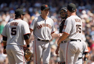 SEATTLE  - MAY 24:  Pitcher Barry Zito #75 of the San Francisco Giants gives up the ball to manager Bruce Bochy #15 during the game against the Seattle Mariners on May 24, 2009 at Safeco Field in Seattle, Washington. (Photo by Otto Greule Jr/Getty Images)    