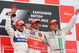NORTHAMPTON, UNITED KINGDOM - JULY 06: Race winner Lewis Hamilton (C) of Great Britain and McLaren Mercedes celebrates on the podium alongside second placed Nick Heidfeld (L) of Germany and BMW Sauber and third placed Rubens Barrichello (R) of Brazil and Honda Racing after the British Formula One Grand Prix at Silverstone on July 6, 2008 in Northampton, England. (Photo by Mark Thompson/Getty Images)