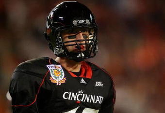 MIAMI - JANUARY 01:  Tony Pike #15 of the Cincinnati Bearcats looks on against the Virginia Tech Hokies during the FedEx Orange Bowl at Dolphin Stadium on January 1, 2009 in Miami, Florida.  (Photo by Doug Benc/Getty Images)