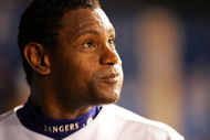 ARLINGTON, TX - JUNE 20: Sammy Sosa #21 of the Texas Rangers reacts after hitting his 600th career home run against the Chicago Cubs during their inter-league game on June 20, 2007 at Rangers Ballpark in Arlington, Texas. (Photo by Ronald Martinez/Getty Images)