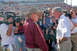 CLEMSON, SC - NOVEMBER 12:  Coach Tommy Bowden of the Clemson Tigers (R) talks with his father, coach Bobby Bowden of the Florida State Seminoles before an Atlantic Coast Conference game on November 12, 2005 at Clemson Memorial Stadium in Clemson, South Carolina.  (Photo by Grant Halverson/Getty Images)