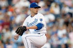 KANSAS CITY - MAY 14: Gil Meche #55 of the Kansas City Royals lines up the pitch during the game between the Baltimore Orioles on May 14, 2009 at Kauffman Stadium in Kansas City, Missouri. (Photo by: Jamie Squire/Getty Images)