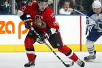 TORONTO - APRIL 11:  Dany Heatley #15 of the Ottawa Senators skates with the puck in a game against the Toronto Maple Leafs on April 11, 2009 at the Air Canada Centre in Toronto, Ontario. The Leafs defeated the Senators on the strength of a 3 goal performance by Boyd Devereaux #22. (Photo by Claus Andersen/Getty Images) 