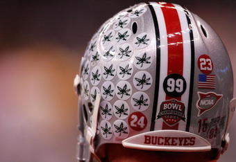 NEW ORLEANS - JANUARY 07:  Detail of Buckeye stickers on the helmet of a Ohio State Buckeyes athlete before the AllState BCS National Championship against the Louisiana State University Tigers on January 7, 2008 at the Louisiana Superdome in New Orleans, Louisiana.  (Photo by Streeter Lecka/Getty Images)