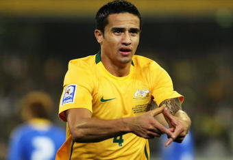 MELBOURNE, AUSTRALIA - JUNE 17:  Tim Cahill of the Socceroos celebrates his first goal during the 2010 FIFA World Cup Asian qualifying match between the Australian Socceroos and Japan at the Melbourne Cricket Ground on June 17, 2009 in Melbourne, Australia.  (Photo by Mark Dadswell/Getty Images)