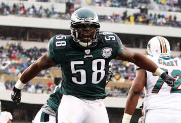 PHILADELPHIA - NOVEMBER 18:  Trent Cole #58  of the Philadelphia Eagles celebrates a tackle against the Miami Dolphins on November 18, 2007 at Lincoln Financial Field in Philadelphia, Pennsylvania.  (Photo by Al Bello/Getty Images)