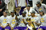 ORLANDO, FL - JUNE 14:  The Los Angeles Lakers celebrate after defeating the Orlando Magic 99-86 in Game Five of the 2009 NBA Finals on June 14, 2009 at Amway Arena in Orlando, Florida.  NOTE TO USER:  User expressly acknowledges and agrees that, by downloading and or using this photograph, User is consenting to the terms and conditions of the Getty Images License Agreement.  (Photo by Elsa/Getty Images)
