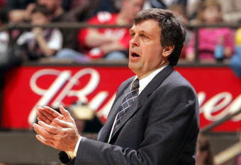 EAST RUTHERFORD , NJ - MARCH 26:  Head coach Kevin McHale of the Minnesota Timberwolves applaudes his teams effort during their game against the New Jersey Nets on March 26, 2005 at Continental Airlines Arena in East Rutherford, New Jersey.  NOTE TO USER:  User expressly acknowledges and agrees that, by downloading and/or using this Photograph, user is consenting to the terms and conditions of the Getty Images License Agreement.  (Photo by Jim McIsaac/Getty Images)