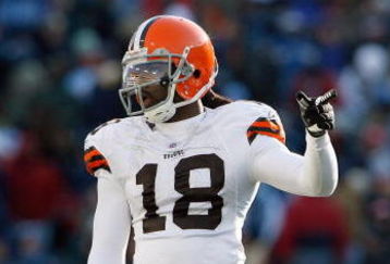 NASHVILLE, TN - DECEMBER 7:   Donte Stallworth #18 of the Cleveland Browns points on the field during the game against the Tennessee Titans on December 7, 2008 at LP Field in Nashville, Tennessee.  (Photo by Kevin C. Cox/Getty Images)
