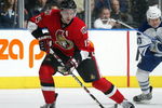 TORONTO - APRIL 11:  Dany Heatley #15 of the Ottawa Senators skates with the puck in a game against the Toronto Maple Leafs on April 11, 2009 at the Air Canada Centre in Toronto, Ontario. The Leafs defeated the Senators on the strength of a 3 goal performance by Boyd Devereaux #22. (Photo by Claus Andersen/Getty Images) 