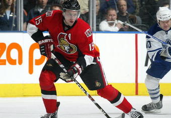 TORONTO - APRIL 11:  Dany Heatley #15 of the Ottawa Senators skates with the puck in a game against the Toronto Maple Leafs on April 11, 2009 at the Air Canada Centre in Toronto, Ontario. The Leafs defeated the Senators on the strength of a 3 goal performance by Boyd Devereaux #22. (Photo by Claus Andersen/Getty Images) 