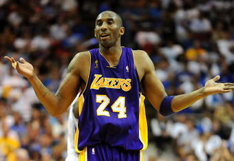 ORLANDO, FL - JUNE 14:  Kobe Bryant #24 of the Los Angeles Lakers reacts in the second half against the Orlando Magic in Game Five of the 2009 NBA Finals on June 14, 2009 at Amway Arena in Orlando, Florida.  NOTE TO USER:  User expressly acknowledges and agrees that, by downloading and or using this photograph, User is consenting to the terms and conditions of the Getty Images License Agreement.  (Photo by Ronald Martinez/Getty Images)