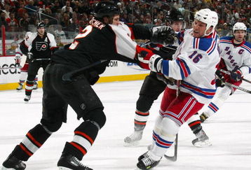 PHILADELPHIA - FEBRUARY 09:  Derian Hatcher #2 of the Philadelphia Flyers pushes Sean Avery #16 of the New York Rangers on February 9, 2008 at the Wachovia Center in Philadelphia, Pennsylvania.  (Photo by Bruce Bennett/Getty Images)