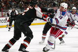 PHILADELPHIA - FEBRUARY 09:  Derian Hatcher #2 of the Philadelphia Flyers pushes Sean Avery #16 of the New York Rangers on February 9, 2008 at the Wachovia Center in Philadelphia, Pennsylvania.  (Photo by Bruce Bennett/Getty Images)