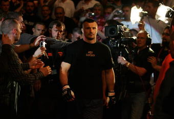 MANCHESTER, UNITED KINGDOM - APRIL 21: A pensive Mirko Cro Cop of Croatia walks to the octagon before fighting Gabriel Gonzaga of USA in a Heavyweight bout of the Ultimate Fighting Championship at the Manchester Evening News Arena on April 21, 2007 in Manchester, England. (Photo by Gary M. Prior/Getty Images)