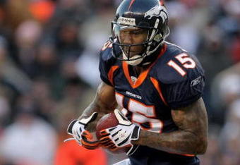 DENVER - DECEMBER 21:  Wide receiver Brandon Marshall #15 of the Denver Broncos makes a 24 yard reception before fumbling the ball to the Buffalo Bills in the third quarter during NFL action at Invesco Field at Mile High on December 21, 2008 in Denver, Colorado. The Bills defeated the Broncos 30-23.  (Photo by Doug Pensinger/Getty Images)