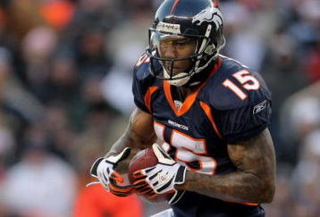 DENVER - DECEMBER 21:  Wide receiver Brandon Marshall #15 of the Denver Broncos makes a 24 yard reception before fumbling the ball to the Buffalo Bills in the third quarter during NFL action at Invesco Field at Mile High on December 21, 2008 in Denver, Colorado. The Bills defeated the Broncos 30-23.  (Photo by Doug Pensinger/Getty Images)