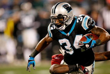 CHARLOTTE, NC - JANUARY 10:  DeAngelo Williams #34 of the Carolina Panthers runs against Gerald Hayes #54 of the Arizona Cardinals during the NFC Divisional Playoff Game on January 10, 2009 at Bank of America Stadium in Charlotte, North Carolina.  (Photo by Kevin C. Cox/Getty Images)