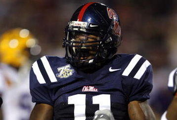 OXFORD, MS - NOVEMBER 17:  Ashlee Palmer #11 of the Mississippi Rebels celebrates after a tackle against the LSU Tigers at Vaught-Hemingway Stadium at Hollingsworth Field November 17, 2007 in Oxford, Mississippi. LSU beat Mississippi 41-24.  (Photo by Joe Murphy/Getty Images)
