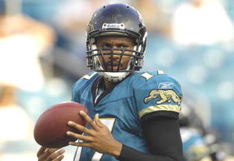 JACKSONVILLE, FL - AUGUST 9: Quarterback Cleo Lemon #17 of the Jacksonville Jaguars warms up for play against the Atlanta Falcons at Jacksonville Municipal Stadium on August 9, 2008 in Jacksonville, Florida.   (Photo by Al Messerschmidt/Getty Images) 
