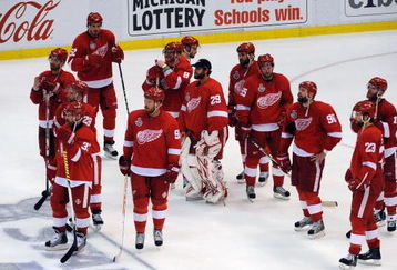DETROIT - JUNE 12:  The Detroit Red Wings look on after losing Game Seven of the 2009 NHL Stanley Cup Finals to the Pittsburgh Penguins at Joe Louis Arena on June 12, 2009 in Detroit, Michigan. The Penguins defeated the Red Wings 2-1 in the seventh game to win the Stanley Cup Finals series 4 games to 3. (Photo by Harry How/Getty Images)