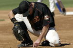 SCOTTSDALE, AZ - MARCH 8:  First baseman J.T. Snow #6 of the San Francisco Giants takes a moment to recover after diving unsuccesffully for a line drive against the Kansas City Royals during their spring training game on March 8, 2004 at Scottsdale Stadium in Scottsdale, Arizona.  (Photo by Stephen Dunn/Getty Images)