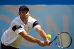 LONDON, ENGLAND - JUNE 13:  Andy Roddick of USA plays a backhand during the men's semi final match against James Blake of USA during Day 6 of the the AEGON Championship at Queens Club on June 13, 2009 in London, England.  (Photo by Julian Finney/Getty Images)