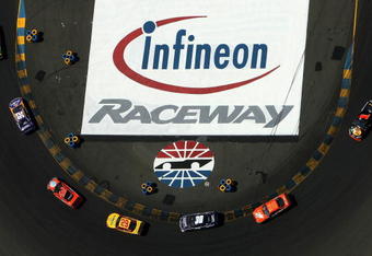 SONOMA, CA - JUNE 22:  Kyle Busch drives his #18 M&M's Toyota leads a pact of cars around the hairpin turn during the NASCAR Sprint Cup Series Toyota/Save Mart 350 at the Infineon Raceway on June 22, 2008 in Sonoma, California.  (Photo by Jonathan Ferrey/Getty Images )