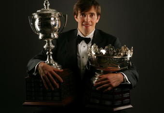 TORONTO, ON - JUNE 12:  Pavel Datsyuk of the Detroit Red Wings poses with Frank J. Selke Trophy and the Lady Bing Memorial Trophy during the 2008 NHL Awards at the at the Elgin Theatre on June 12, 2008 in Toronto, Canada.  (Photo by Al Bello/Getty Images)