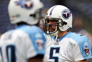 SAN DIEGO - JANUARY 06:  Quarterbacks Kerry Collins #5 and Vince Young #10 of the Tennessee Titans look on during warm up prior to their AFC Wild Card Playoff Game against the San Diego Chargers at Qualcomm Stadium on January 6, 2008 in San Diego, California.  (Photo by Harry How/Getty Images)