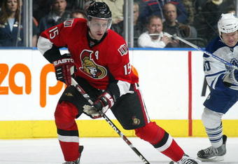 TORONTO - APRIL 11:  Dany Heatley #15 of the Ottawa Senators skates with the puck in a game against the Toronto Maple Leafs on April 11, 2009 at the Air Canada Centre in Toronto, Ontario. The Leafs defeated the Senators on the strength of a 3 goal performance by Boyd Devereaux #22. (Photo by Claus Andersen/Getty Images) 