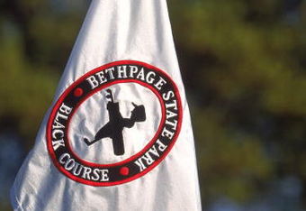 FARMINGDALE - MAY 5:  The Bethpage State Park Black Course flag waves in the breeze in Farmingdale, New York on May 5, 2002. Black Course is the home of the 2002 US Open.  (Photo By Scott Halleran/Getty Images)