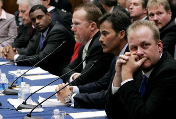 WASHINGTON - MARCH 17:  (R to L) Boston Red Sox pitcher Curt Schilling, Rafael Palmeiro of the Baltimore Orioles, former St. Louis Cardinals Mark McGwire and Sammy Sosa of the Baltimore Orioles listen to testimony the House Committee hearing investigating steroid use in baseball on Capital Hill March 17, 2005 in Washington, DC. Major League Baseball (MLB) Commissioner Allen 'Bud' Selig will give testimony regarding MLB?s efforts to eradicate steriod usage among its players. (Photo by Win McNamee/Getty Images)
