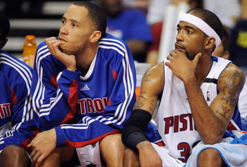 AUBURN HILLS, MI - APRIL 26:  (L-R) Tayshaun Prince #22 and Richard Hamilton #32 of the Detroit Pistons sit on the bench in Game Four of the Eastern Conference Quarterfinals against the Cleveland Cavaliers during the 2009 NBA Playoffs at the Palace of Auburn Hills on April 26, 2009 in Auburn Hills, Michigan.  The Cavaliers won 99-78.  NOTE TO USER: User expressly acknowledges and agrees that, by downloading and or using this photograph, User is consenting to the terms and conditions of the Getty Images License Agreement.  (Photo by Gregory Shamus/Getty Images)