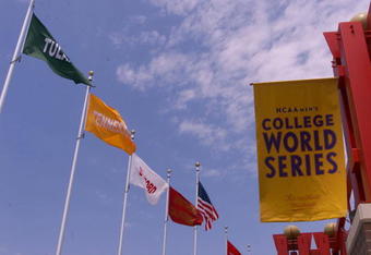 12 Jun 01: Flags with the names of the partcipating teams hang in front of Rosenblatt Stadium in Omaha, Nebraska, the site of the College World series. DIGITAL IMAGE Mandatory Credit: Andy Lyons/ALLSPORT